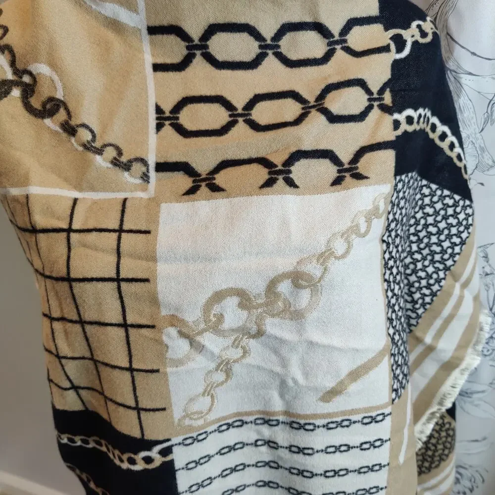 NWT Ann Taylor Women's Super Soft Scarf Shawl Tan Black Chain Luxe